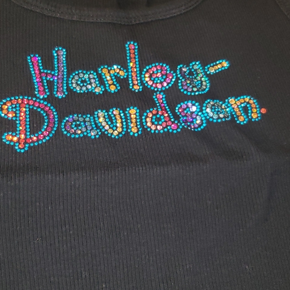 Harley-Davidson Black Ribbed Tank with Multicolor Rhinestone Script